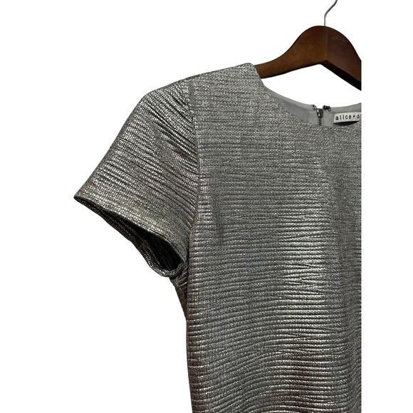 Alice & Olivia Metallic Silver Sheath Dress Short Sleeve Cocktail Party medium - Picture 7 of 10